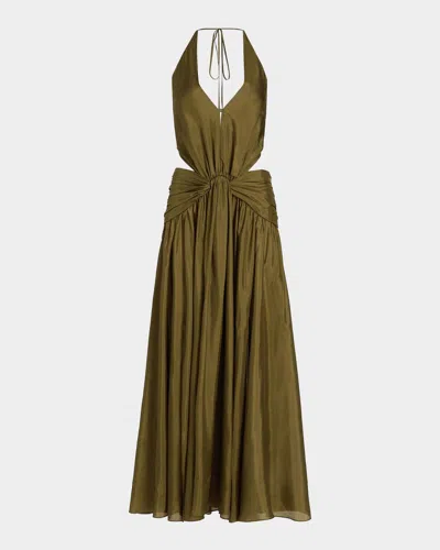 Zimmermann Indra Plunge Halter Maxi Dress In Olive
