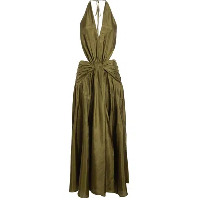 Zimmermann Indra Plunge Halter Silk Maxi Dress In Green
