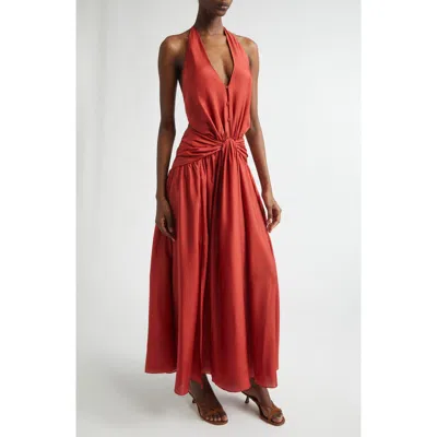 Zimmermann Indra Plunge Halter Silk Maxi Dress In Red