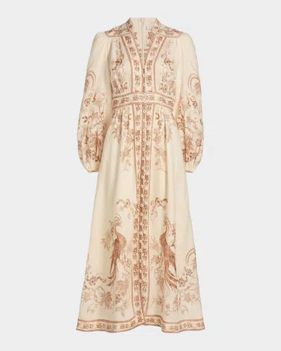 Zimmermann Indra Plunge Linen Midi Dress In Crm Tan Fl