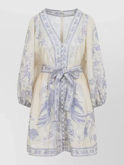 Zimmermann Indra Plunge Linen Mini Dress Belt In Neutral