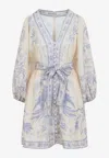 Zimmermann Womens Indra Plunge Linen Mini Dress Cream Lilac Floral In White