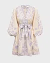 Zimmermann Womens Indra Plunge Linen Mini Dress Cream Lilac Floral In Neutral