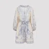 Zimmermann Womens Indra Plunge Linen Mini Dress Cream Lilac Floral In Yellow