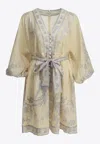 Zimmermann Womens Indra Plunge Linen Mini Dress Cream Lilac Floral In White