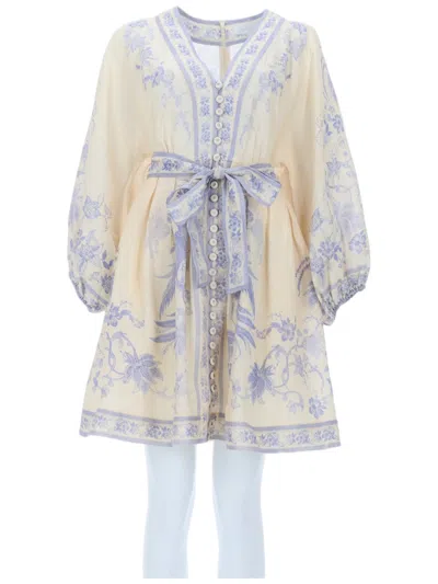 Zimmermann Indra Plunge Puff Sleeves Floral Linen Mini Dress In Multi