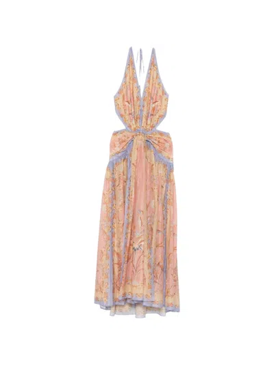 Zimmermann Indra Plunge Printed Metallic Cotton And Silk-blend Halterneck Maxi Dress In Brown