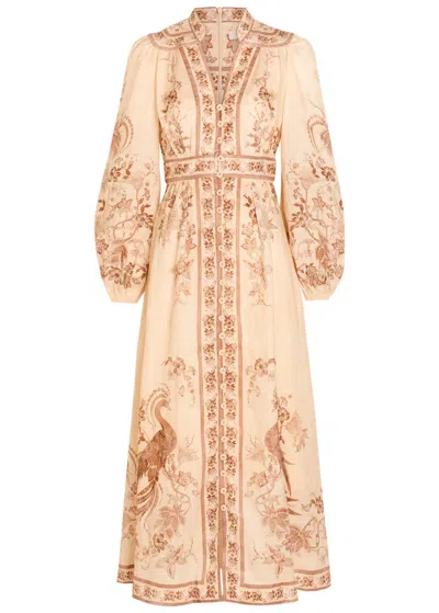 Zimmermann Indra Printed Plunge Linen Midi Dress In Multi