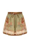 Zimmermann Indra Relaxed Silk Shorts Khaki Scarf Floral In Green