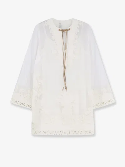 Zimmermann Indra Ramie Long Dress With All-over Embroidery In Pattern