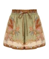 Zimmermann Indra Relaxed Silk Shorts Khaki Scarf Floral In Green