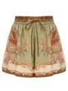 Zimmermann Indra Relaxed Silk Shorts Khaki Scarf Floral In Green