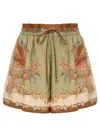Zimmermann Indra Relaxed Silk Shorts Khaki Scarf Floral In Multi