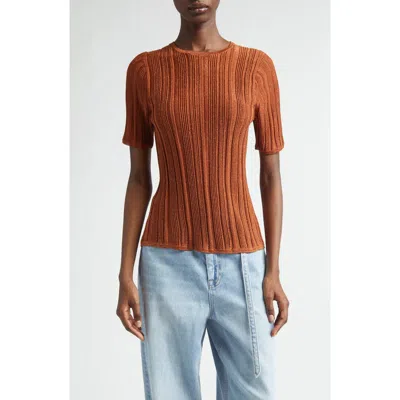 Zimmermann Indra Short Sleeve Shimmer Rib Sweater In Brown
