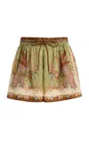Zimmermann Indra Relaxed Silk Shorts Khaki Scarf Floral In Multi