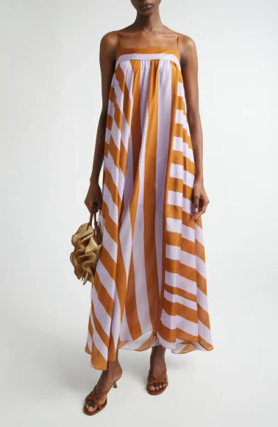 Zimmermann Indra Stripe Silk Maxi Dress Lilac Tan In Multi