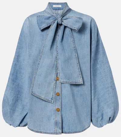 Zimmermann Indra Tie-neck Denim Blouse In Blue