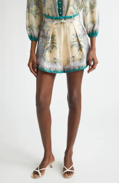 Zimmermann Indra Tuck Short In Cream Scarf Floral In Multi