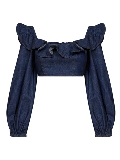 Zimmermann Ink Denim Aster Cropped Frill Top In Blue