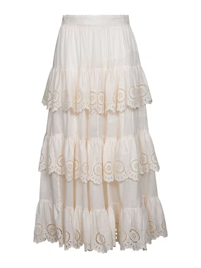 ZIMMERMANN IVORY EMBROIDERED COTTON LUCKY TIERED MIDI SKIRT
