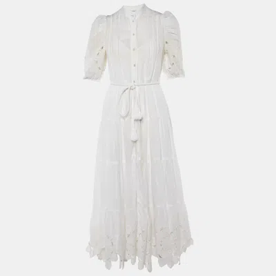 Pre-owned Zimmermann Ivory Embroidered Ramie Midi Dress M In White