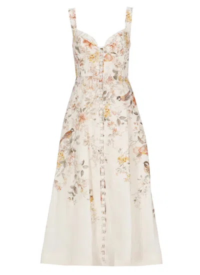 Zimmermann Ivory Floral Accent Linen Midi Dress In Multi