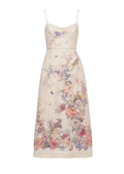 Zimmermann Ivory Floral Linen Midi Dress With Delicate Straps In Multi