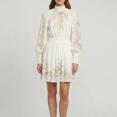 Pre-owned Zimmermann Ivory Floral Printed Ramie Long Sleeve Dress M In White
