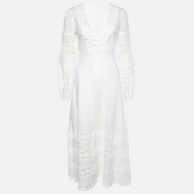 Pre-owned Zimmermann Ivory Linen & Lace Paneled Midi Dress S In White