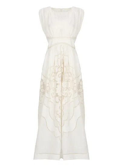 Zimmermann Ivory Linen Midi Dress With Lace Hem Details In White