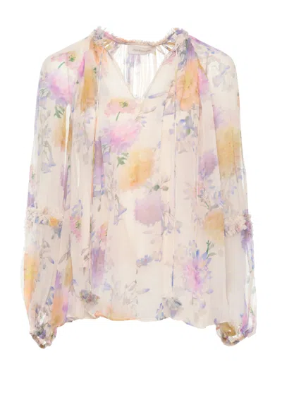 Zimmermann Ivory Luna Ruffle Floral Blouse In Multi