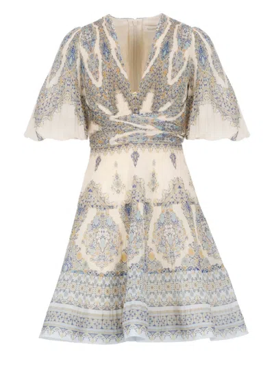 Zimmermann Ivory Pleated Mini Dress In Gray