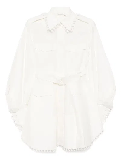 Zimmermann Ivory White Mini Dress With Belt Waist In Beige