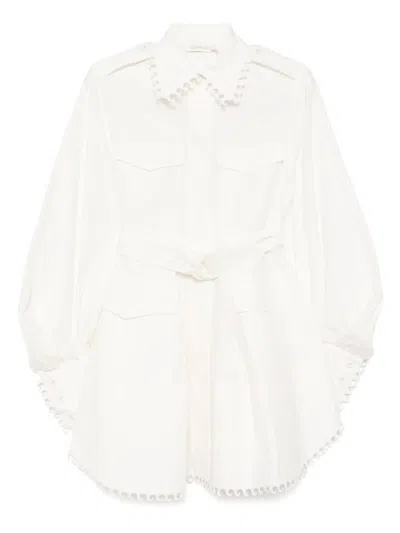 Zimmermann Ivory White Mini Dress With Belt Waist In Beige
