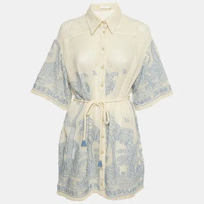 Pre-owned Zimmermann Ivory/blue Cotton Ottie Palm Shirt Dress M In White
