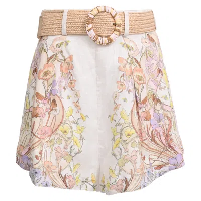 Zimmermann Jeannie Belted Shorts In Floral-print Linen In Multi