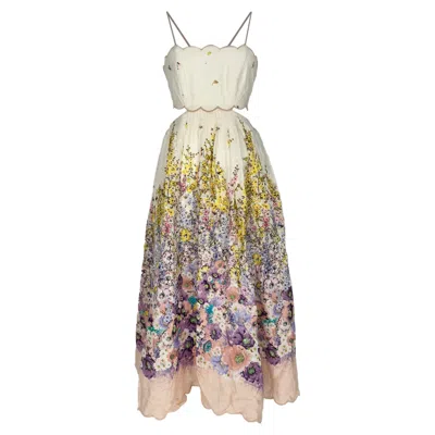 Zimmermann Jude Scallop Midi Dress In Multicolor Floral Linen In White