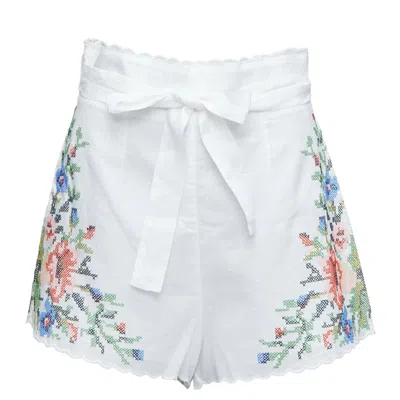 Zimmermann Juliette Linen Floral Embroidery Belted Shorts In White