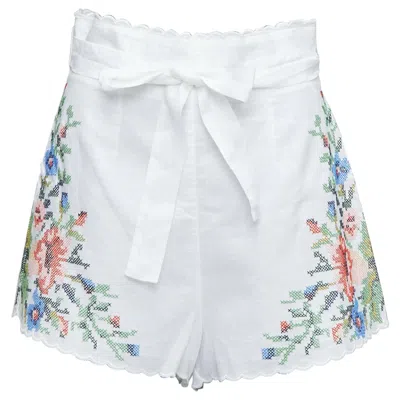 Pre-owned Zimmermann Juliette White Linen Floral Embroidery Belted Shorts Us2 Xxs
