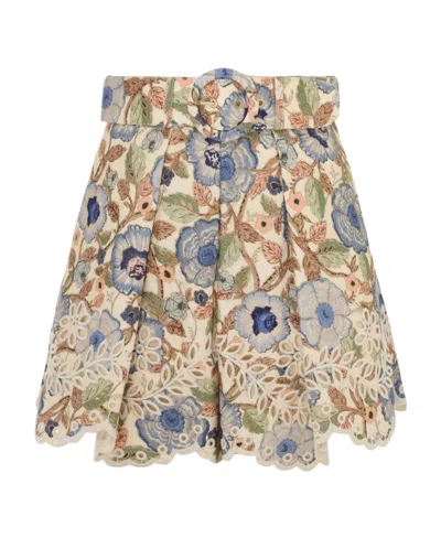 Zimmermann Junie Embroidered Floral-print Shorts In Nude