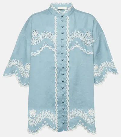 Zimmermann Junie Embroidered Linen Shirt In Blue