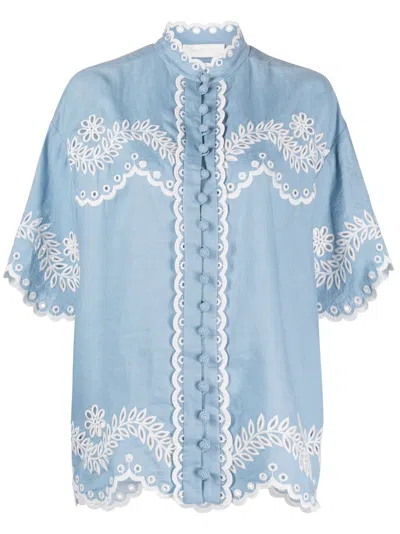 Zimmermann Blue Junie Floral-embroidered Linen Shirt