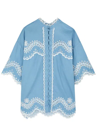 Zimmermann Junie Floral-embroidered Linen Shirt In Blue