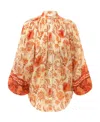 Zimmermann Junie Gathered Embellished Floral-print Ramie Blouse In Nude