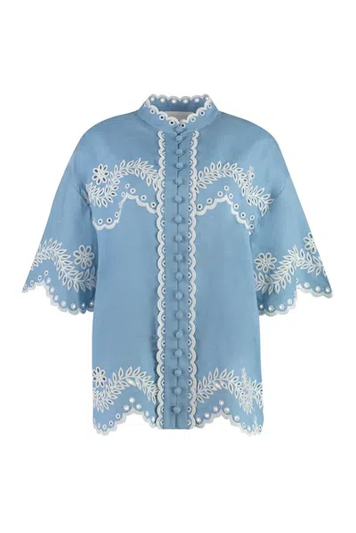 Zimmermann Blue Junie Floral-embroidered Linen Shirt