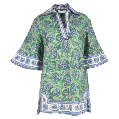 ZIMMERMANN JUNIE TUNIC DRESS GREEN/BLUE FLORAL 