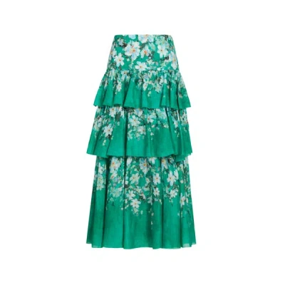 Zimmermann Everley Tiered Floral Print Midi Skirt In Green