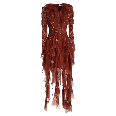 Pre-owned Zimmermann Kaleidoscope Draped Ruffled Glittered Dress In Brown