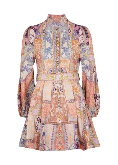 Zimmermann Kaleidoscope Printed Embellished Linen Mini Dress In Multicoloured