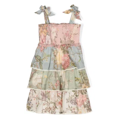 Zimmermann Kids All-over Floral Print Square Neck Cotton Dress In Green